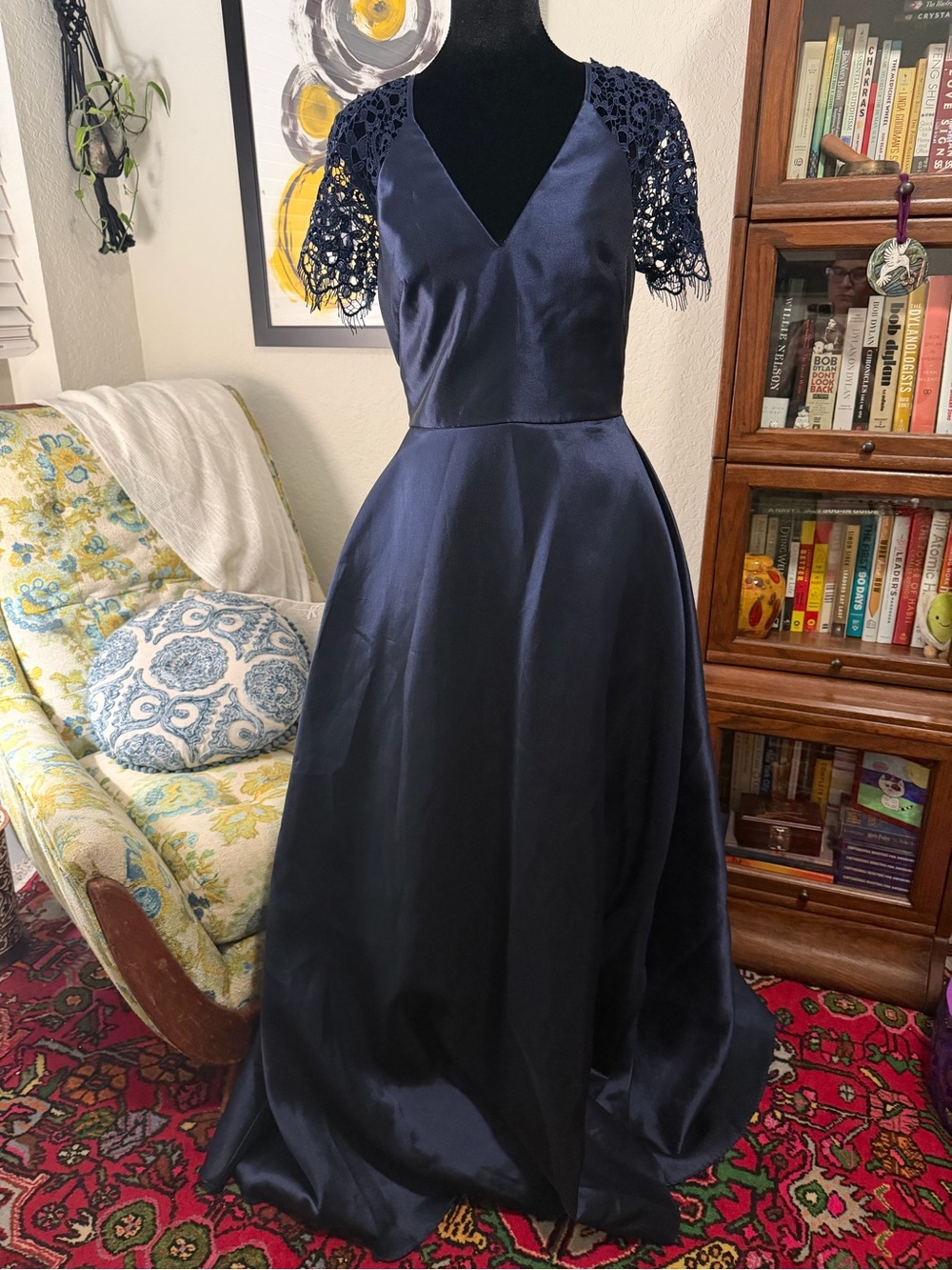 ML Monique Lhuillier Navy Lace Sleeve Ball Gown Dress Size 2